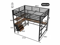 Hauss Spole Cama alta de 140 x 200 cm con iluminación LED, escritorio, toma de corriente y 3 cajones - Cama infantil de metal y madera - Color Negro Sale