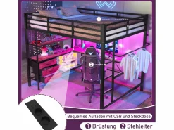 Hauss Spole Cama alta de 140 x 200 cm con iluminación LED, escritorio, toma de corriente y 3 cajones - Cama infantil de metal y madera - Color Negro Sale