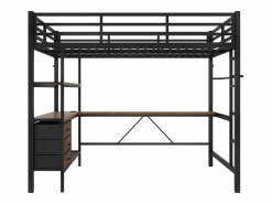 Hauss Spole Cama alta de 140 x 200 cm con iluminación LED, escritorio, toma de corriente y 3 cajones - Cama infantil de metal y madera - Color Negro Sale