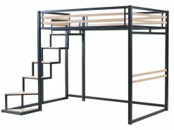 Vente-unique Cama alta de 140 x 200 cm en metal y MDF, color y natural, con colchón - JOGUI Negro Online