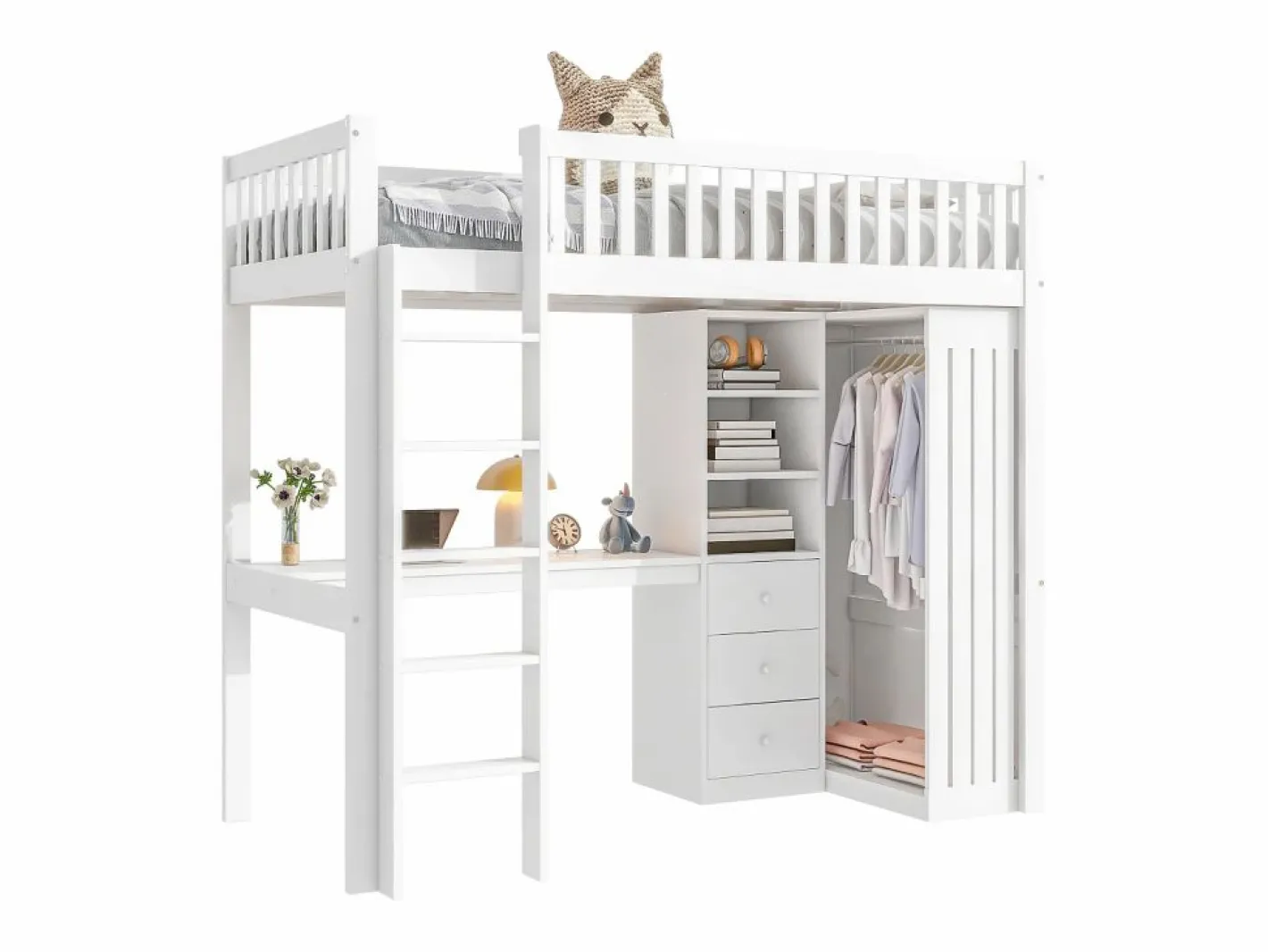 Cama alta de madera de 90x200 cm - con escritorio y armario -^ModernLuxe Best