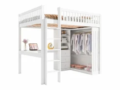 ModernLuxe Cama alta de madera de 140x200 cm - con escritorio y armario - Blanco New