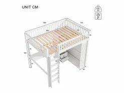ModernLuxe Cama alta de madera de 140x200 cm - con escritorio y armario - Blanco New