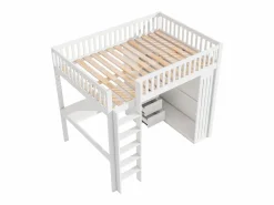 ModernLuxe Cama alta de madera de 140x200 cm - con escritorio y armario - Blanco New