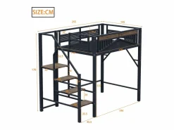 Hauss Spole Cama alta de madera oscura y negra 140x200cm con barandilla de seguridad y escalera, metal + MDF (colchón no incluido) Negro Hot
