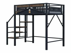Hauss Spole Cama alta de madera oscura y negra 140x200cm con barandilla de seguridad y escalera, metal + MDF (colchón no incluido) Negro Hot