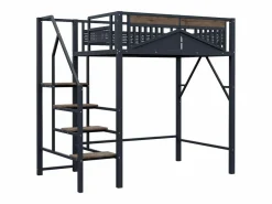 Hauss Spole Cama alta de madera oscura y negra 140x200cm con barandilla de seguridad y escalera, metal + MDF (colchón no incluido) Negro Hot