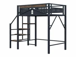 Hauss Spole Cama alta de madera oscura y negra 140x200cm con barandilla de seguridad y escalera, metal + MDF (colchón no incluido) Negro Hot
