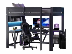 Merax Cama Alta|Cama alta de madera para juegos infantiles - 90 x 200 cm - con escritorio + estante de almacenaje + LED - MDF + madera -