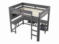 Merax Cama Alta|Cama alta de madera para juegos infantiles - 90 x 200 cm - con escritorio + estante de almacenaje + LED - MDF + madera -