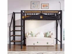 Merax Cama alta de metal - 140 x 200 cm - con barandilla + escalera de seguridad - madera + metal - Negro