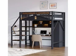 Merax Cama alta de metal - 140 x 200 cm - con barandilla + escalera de seguridad - madera + metal - Negro