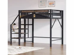 Merax Cama alta de metal - 140 x 200 cm - con barandilla + escalera de seguridad - madera + metal - Negro