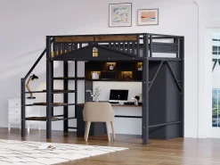 Merax Cama alta de metal - 140 x 200 cm - con barandilla + escalera de seguridad - madera + metal - Negro