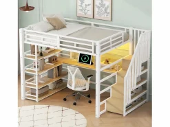 Merax Cama Alta|Cama alta de metal - 140 x 200 cm - con escalera de almacenaje + escritorio + estante + USB + LED - MDF + metal -