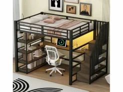 Merax Cama alta de metal - 140 x 200 cm - con escalera de almacenaje + escritorio + estante + USB + LED - MDF + metal - Negro Outlet