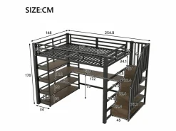 Merax Cama alta de metal - 140 x 200 cm - con escalera de almacenaje + escritorio + estante + USB + LED - MDF + metal - Negro Outlet