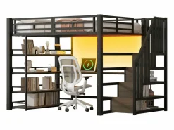 Merax Cama alta de metal - 140 x 200 cm - con escalera de almacenaje + escritorio + estante + USB + LED - MDF + metal - Negro Outlet