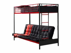 Vente-unique Cama Alta|Cama Infantil|Cama alta de metal negro y rojo de 90 x 190 cm con sofá convertible + colchón futón MODULO V