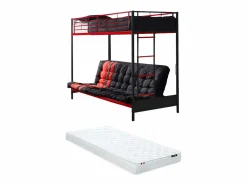Vente-unique Cama Alta|Cama Infantil|Cama alta de metal negro y rojo de 90 x 190 cm con sofá convertible + colchón futón MODULO V