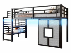 Merax Cama alta de metal para niños - 90 x 200 cm - con escalera + almacenaje + LED + ventanas - Negro Sale