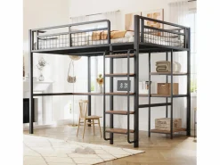 ModernLuxe Cama Alta|Cama alta de metal 140x200 cm - con escritorio y escalera de seguridad -