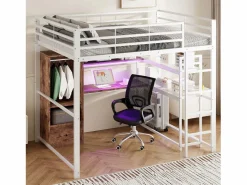 Cama alta de 140x200 cm con iluminación LED, escritorio, cajón y estantes, estructura metálica, blanca^Hauss Spole Online