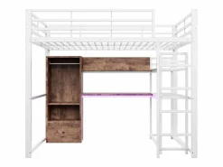Cama alta de 140x200 cm con iluminación LED, escritorio, cajón y estantes, estructura metálica, blanca^Hauss Spole Online