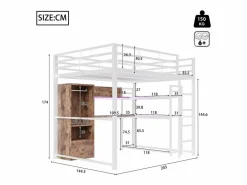 Cama alta de 140x200 cm con iluminación LED, escritorio, cajón y estantes, estructura metálica, blanca^Hauss Spole Online