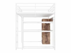 Cama alta de 140x200 cm con iluminación LED, escritorio, cajón y estantes, estructura metálica, blanca^Hauss Spole Online