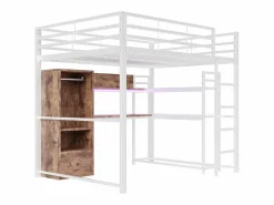 Cama alta de 140x200 cm con iluminación LED, escritorio, cajón y estantes, estructura metálica, blanca^Hauss Spole Online