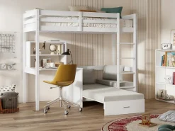 Vente-unique Cama Con Almacenaje|Cama Infantil|Cama alta escritorio, sofá y compartimentos. 90x200 cm. Pino macizo. . GOLIATH II