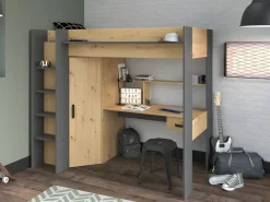 Vente-unique Cama Alta|Cama alta escritorio y armario 90 x 200 cm natural y antracita con colchón AUCKLAND