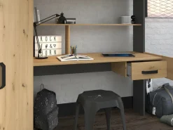 Vente-unique Cama Alta|Cama alta escritorio y armario 90 x 200 cm natural y antracita con colchón AUCKLAND