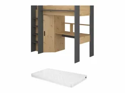 Vente-unique Cama Alta|Cama alta escritorio y armario 90 x 200 cm natural y antracita con colchón AUCKLAND