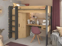 Vente-unique Cama Alta|Cama alta escritorio y armario 90 x 200 cm natural y antracita con colchón AUCKLAND