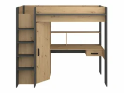 Vente-unique Cama Alta|Cama alta escritorio y armario 90 x 200 cm natural y antracita con colchón AUCKLAND