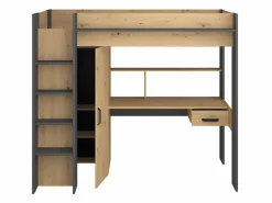 Vente-unique Cama Alta|Cama alta escritorio y armario 90 x 200 cm natural y antracita con colchón AUCKLAND