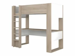 Vente-unique Cama Alta|Cama alta escritorio y estantería integrados blanco NOAH II