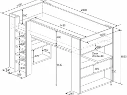 Vente-unique Cama Alta|Cama alta escritorio y estantería integrados blanco NOAH II