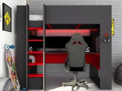 Vente-unique Cama Alta|Cama Con Almacenaje|Cama alta gamer escritorio y compartimentos 90x200 cm LEDs gris y rojo con colchón NOAH