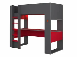 Vente-unique Cama Alta|Cama Con Almacenaje|Cama alta gamer escritorio y compartimentos 90x200 cm LEDs gris y rojo con colchón NOAH