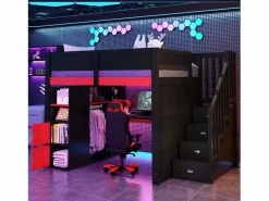 Merax Cama Alta|Cama Con Almacenaje|Cama alta gaming de madera - 140 x 200 cm - con escritorio + LEDs + estantería y escalera de almacenaje + armario - MDF - + rojo