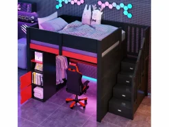 Merax Cama Alta|Cama Con Almacenaje|Cama alta gaming de madera - 140 x 200 cm - con escritorio + LEDs + estantería y escalera de almacenaje + armario - MDF - + rojo