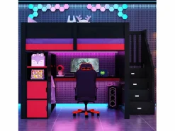 Merax Cama Alta|Cama Con Almacenaje|Cama alta gaming de madera - 140 x 200 cm - con escritorio + LEDs + estantería y escalera de almacenaje + armario - MDF - + rojo