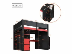 Merax Cama Alta|Cama Con Almacenaje|Cama alta gaming de madera - 140 x 200 cm - con escritorio + LEDs + estantería y escalera de almacenaje + armario - MDF - + rojo
