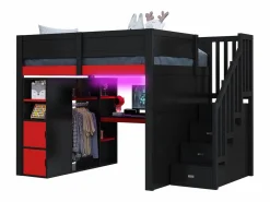 Merax Cama Alta|Cama Con Almacenaje|Cama alta gaming de madera - 140 x 200 cm - con escritorio + LEDs + estantería y escalera de almacenaje + armario - MDF - + rojo