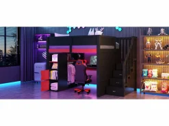 Merax Cama Alta|Cama Con Almacenaje|Cama alta gaming de madera - 140 x 200 cm - con escritorio + LEDs + estantería y escalera de almacenaje + armario - MDF - + rojo