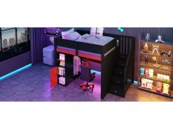 Merax Cama Alta|Cama Con Almacenaje|Cama alta gaming de madera - 140 x 200 cm - con escritorio + LEDs + estantería y escalera de almacenaje + armario - MDF - + rojo