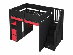 Merax Cama Alta|Cama Con Almacenaje|Cama alta gaming de madera - 140 x 200 cm - con escritorio + LEDs + estantería y escalera de almacenaje + armario - MDF - + rojo